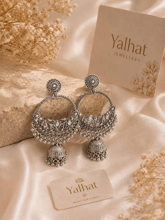 Yalhat Premium Oxidised Silver Chandbali Jhumka Earrings with Mirror Work & Ghungroo | Traditional Ethnic Jewellery for Women