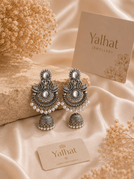 Yalhat Silver Oxidised Pearl Mirror Apsara Chandbali Jhumka Earrings for Women | Traditional Ethnic Statement Earrings