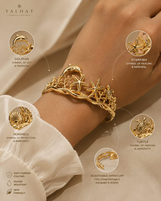 Yalhat Ocean Charm Gold Cuff Bracelet | Beach-Inspired Open Bangle | Premium Anti-Tarnish Statement Bracelet for Women