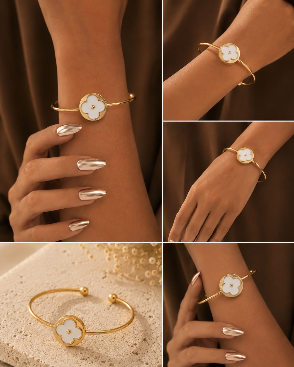 Anti-Tarnish White Clover Gold Cuff Bracelet – Adjustable Open Bangle for Women
