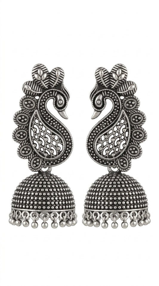 Oxidized Peacock Jhumka Earrings for Women | Traditional Ethenic Silver Look Earrings
