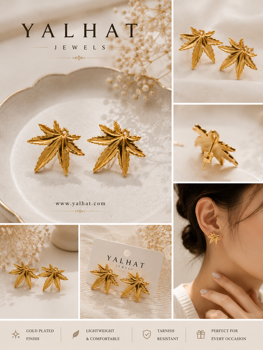 YALHAT Gold Leaf Stud Earrings for Women | Minimalist Luxury Gold Plated Anti-Tarnish Earrings