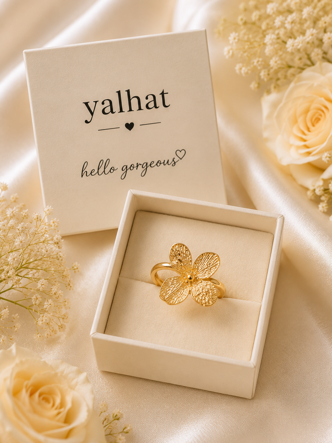 Yalhat Gold Floral Adjustable Ring for Women | Elegant Flower Statement Open Finger Ring | Minimalist Gold Fashion Jewellery | Gift for Girls & Women