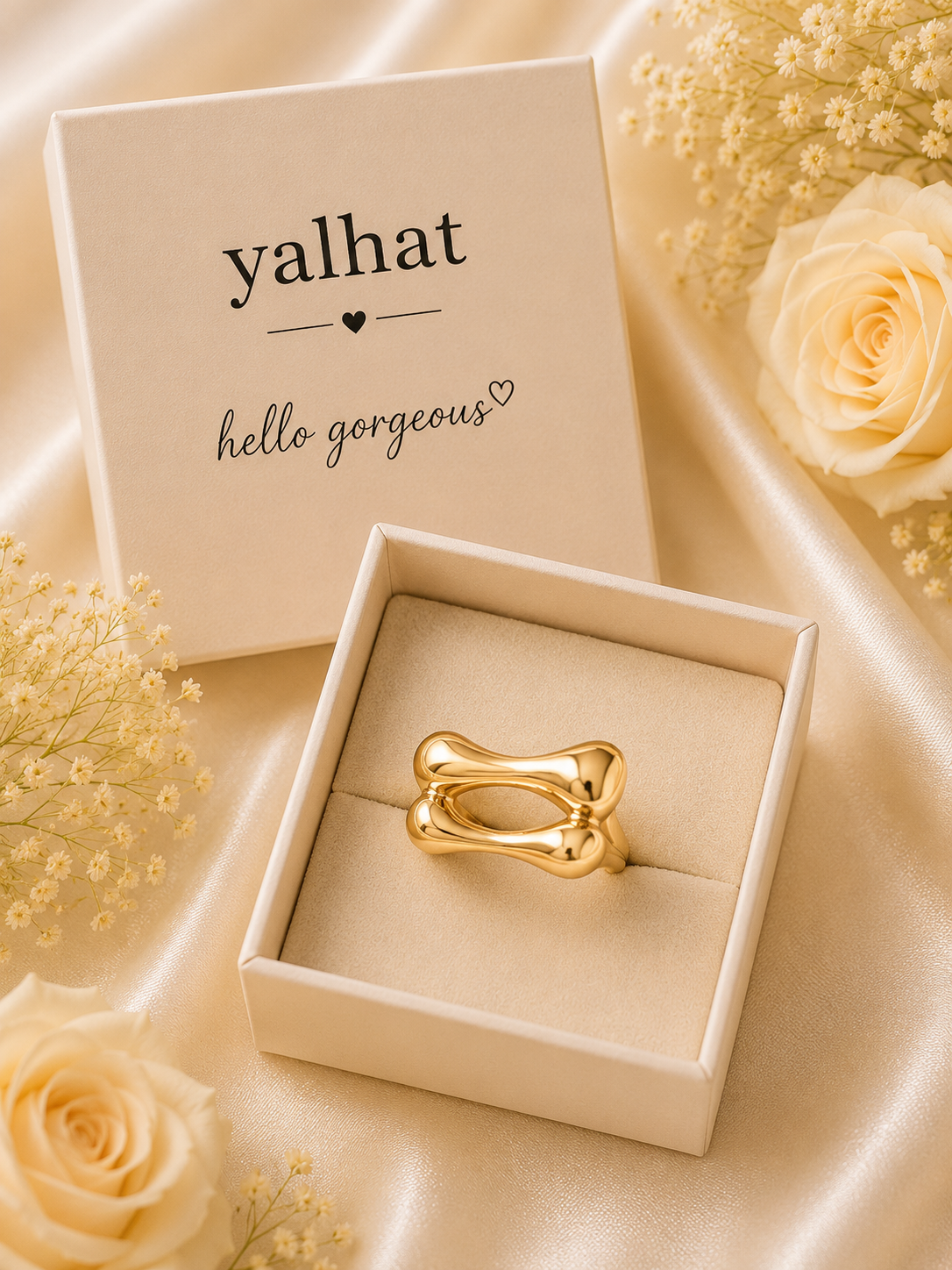 Yalhat Gold Abstract Double Loop Adjustable Ring for Women | Modern Open Statement Finger Ring | Minimalist Gold Fashion Jewellery | Gift for Girls & Women