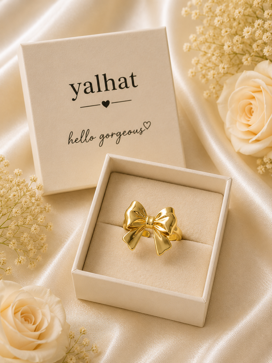 Yalhat Gold Bow Adjustable Ring for Women | Elegant Minimalist Bow Knot Finger Ring | Adjustable Fashion Jewellery | Gift for Girls & Women