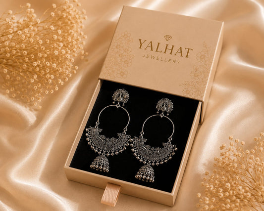 Yalhat Oxidised Peacock Hoop Jhumka Earrings for Women | Traditional Silver Look Statement Earrings