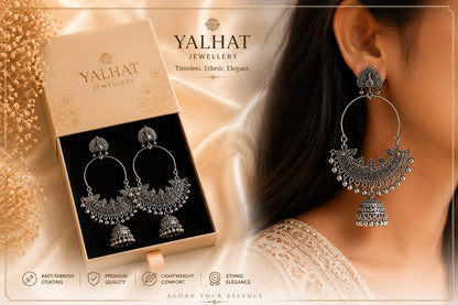 Yalhat Oxidised Peacock Hoop Jhumka Earrings for Women | Traditional Silver Look Statement Earrings