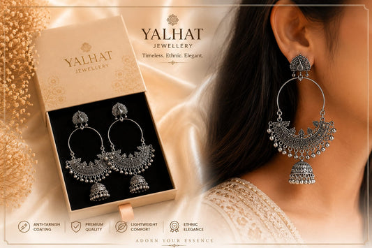 Yalhat Oxidised Peacock Hoop Jhumka Earrings for Women | Traditional Silver Look Statement Earrings