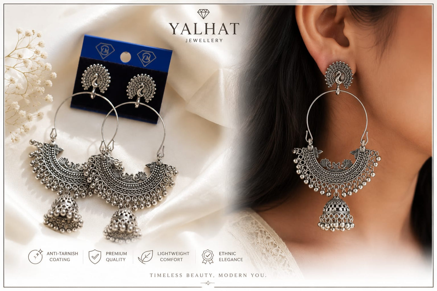 Yalhat Oxidised Peacock Hoop Jhumka Earrings for Women | Traditional Silver Look Statement Earrings