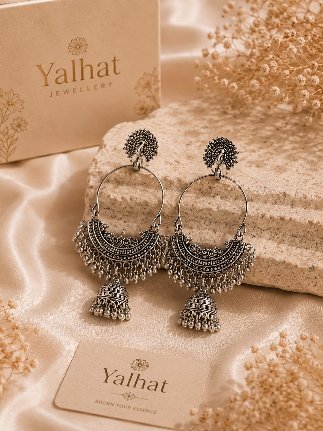 Yalhat Oxidised Peacock Hoop Jhumka Earrings for Women | Traditional Silver Look Statement Earrings