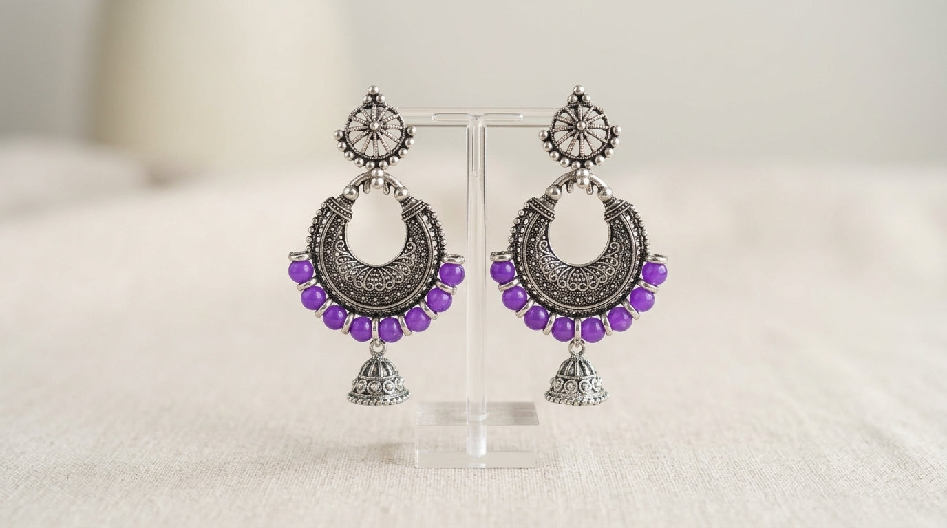 Purple Oxidized Chandbali Earrings for Women| Boho Ethenic Jhumka| Indian Traditional Jewelry| Statement Earrimgs Gift