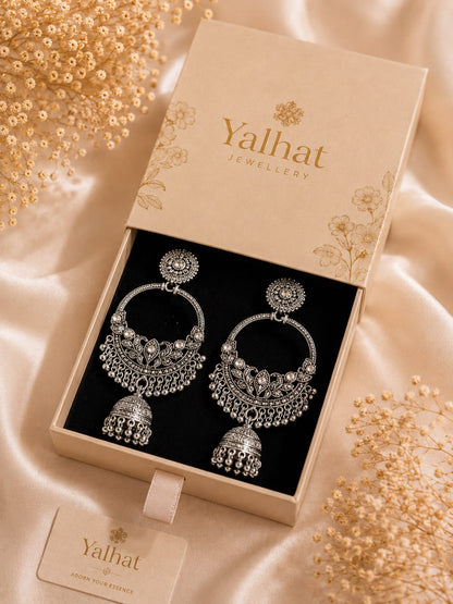 Yalhat Premium Oxidised Silver Chandbali Jhumka Earrings with Mirror Work & Ghungroo | Traditional Ethnic Jewellery for Women