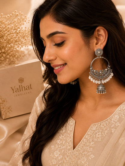 Yalhat Premium Oxidised Silver Chandbali Jhumka Earrings with Mirror Work & Ghungroo | Traditional Ethnic Jewellery for Women