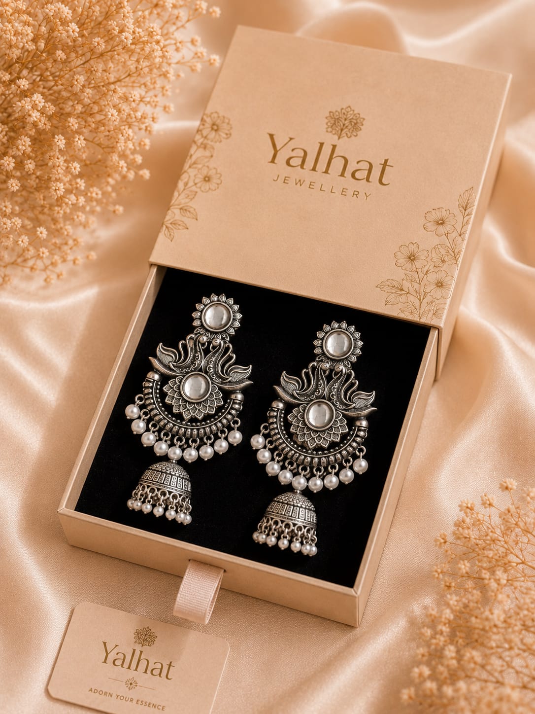 Yalhat Silver Oxidised Pearl Mirror Apsara Chandbali Jhumka Earrings for Women | Traditional Ethnic Statement Earrings