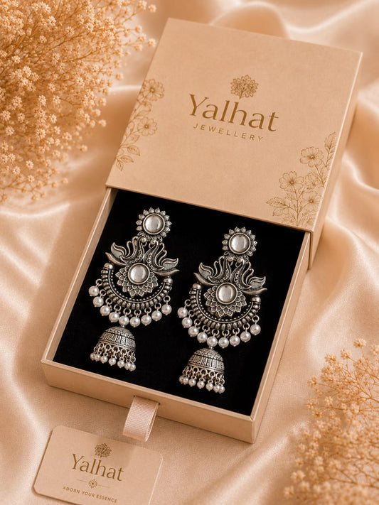 Yalhat Silver Oxidised Pearl Mirror Apsara Chandbali Jhumka Earrings for Women | Traditional Ethnic Statement Earrings