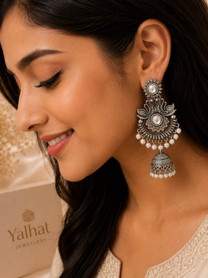 Yalhat Silver Oxidised Pearl Mirror Apsara Chandbali Jhumka Earrings for Women | Traditional Ethnic Statement Earrings