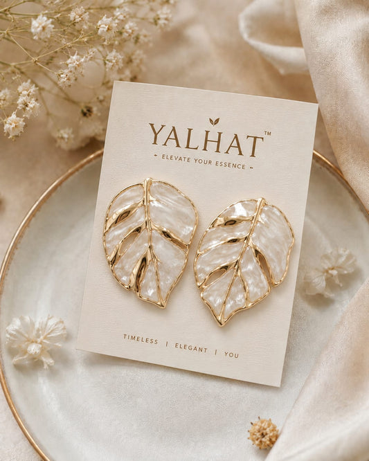 Yalhat Asymmetrical Leaf Statement Earrings – Gold & Pearl White | Elegant Contemporary Studs