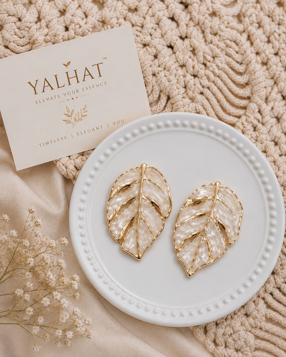 Yalhat Asymmetrical Leaf Statement Earrings – Gold & Pearl White | Elegant Contemporary Studs