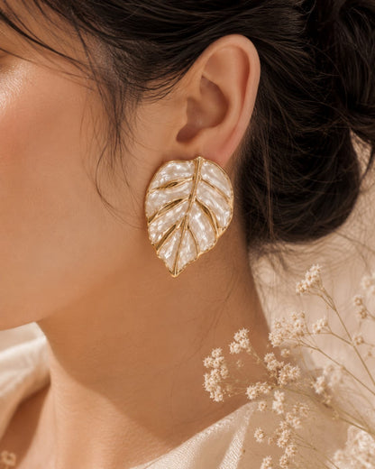 Yalhat Asymmetrical Leaf Statement Earrings – Gold & Pearl White | Elegant Contemporary Studs