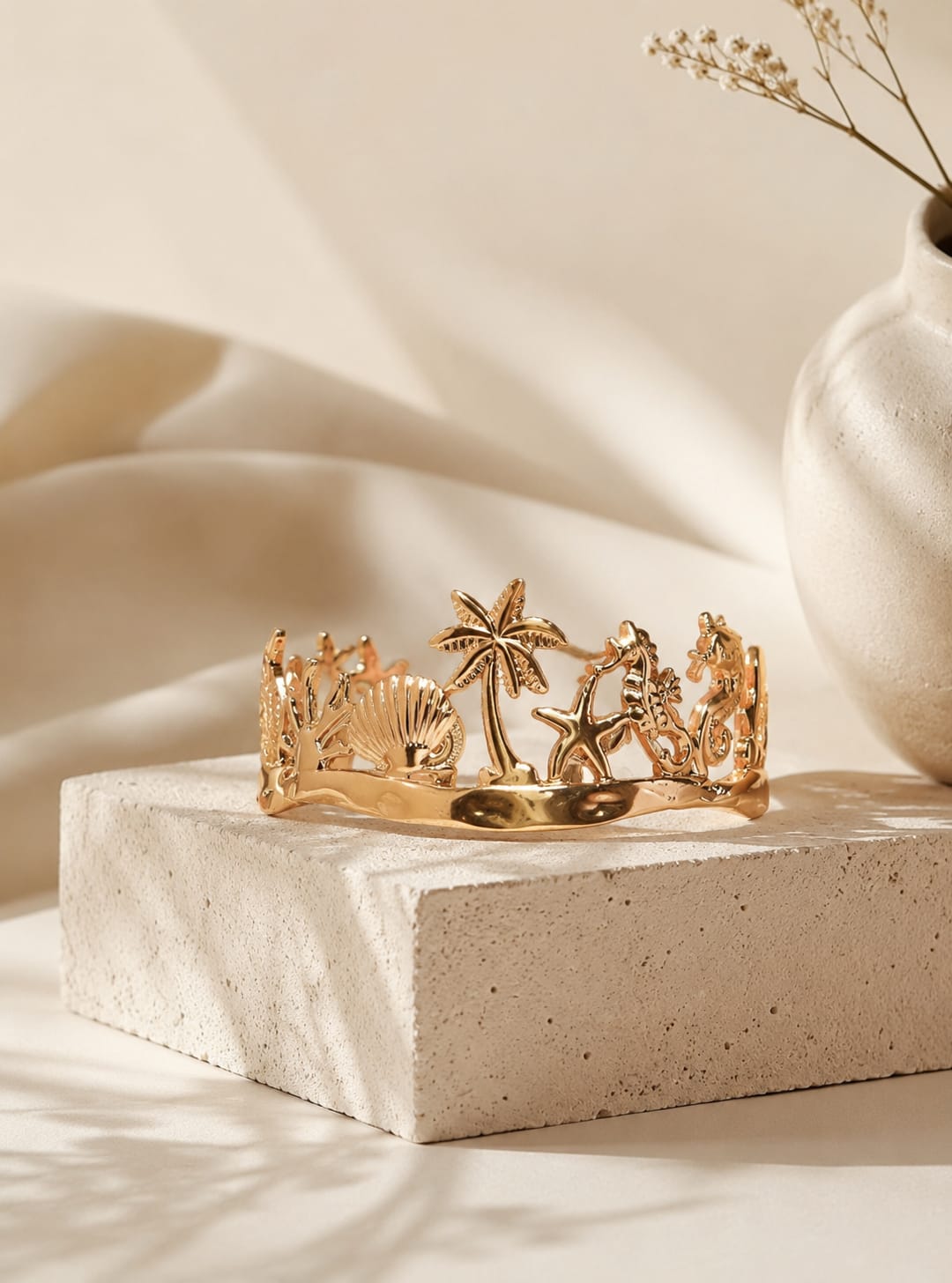 Yalhat Ocean Charm Gold Cuff Bracelet | Tropical Beach Open Cuff | Anti-Tarnish Stainless Steel Bracelet for Women