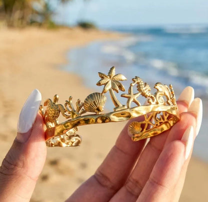 Yalhat Ocean Charm Gold Cuff Bracelet | Tropical Beach Open Cuff | Anti-Tarnish Stainless Steel Bracelet for Women