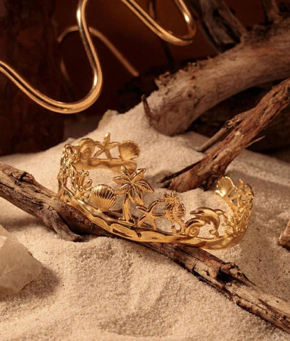 Yalhat Ocean Charm Gold Cuff Bracelet | Tropical Beach Open Cuff | Anti-Tarnish Stainless Steel Bracelet for Women