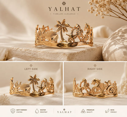 Yalhat Ocean Charm Gold Cuff Bracelet | Tropical Beach Open Cuff | Anti-Tarnish Stainless Steel Bracelet for Women