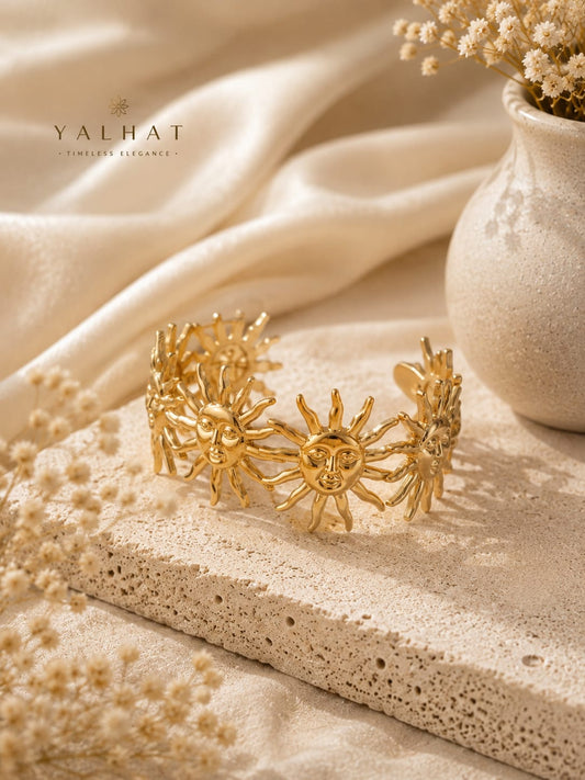 YALHAT Gold Sun Face Statement Cuff Bracelet | Adjustable Anti-Tarnish Open Bangle for Women | Minimalist Luxury Jewelry