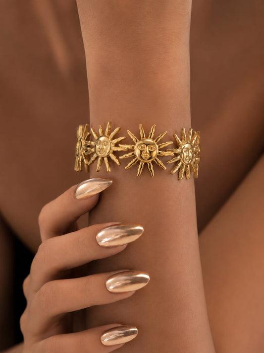 YALHAT Gold Sun Face Statement Cuff Bracelet | Adjustable Anti-Tarnish Open Bangle for Women | Minimalist Luxury Jewelry