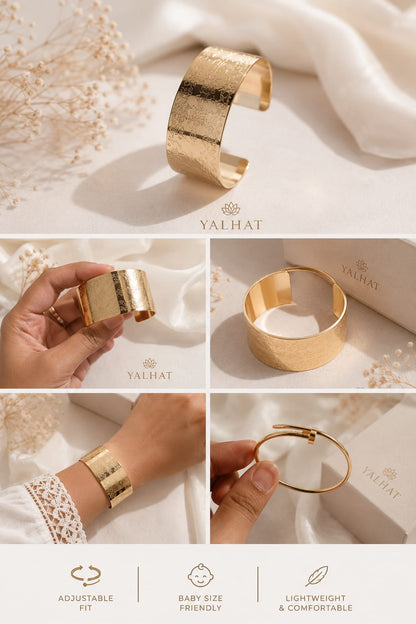 Yalhat Luxe Floral Gold Cuff Bracelet for Women | Adjustable Wide Statement Cuff | Anti-Tarnish Stainless Steel