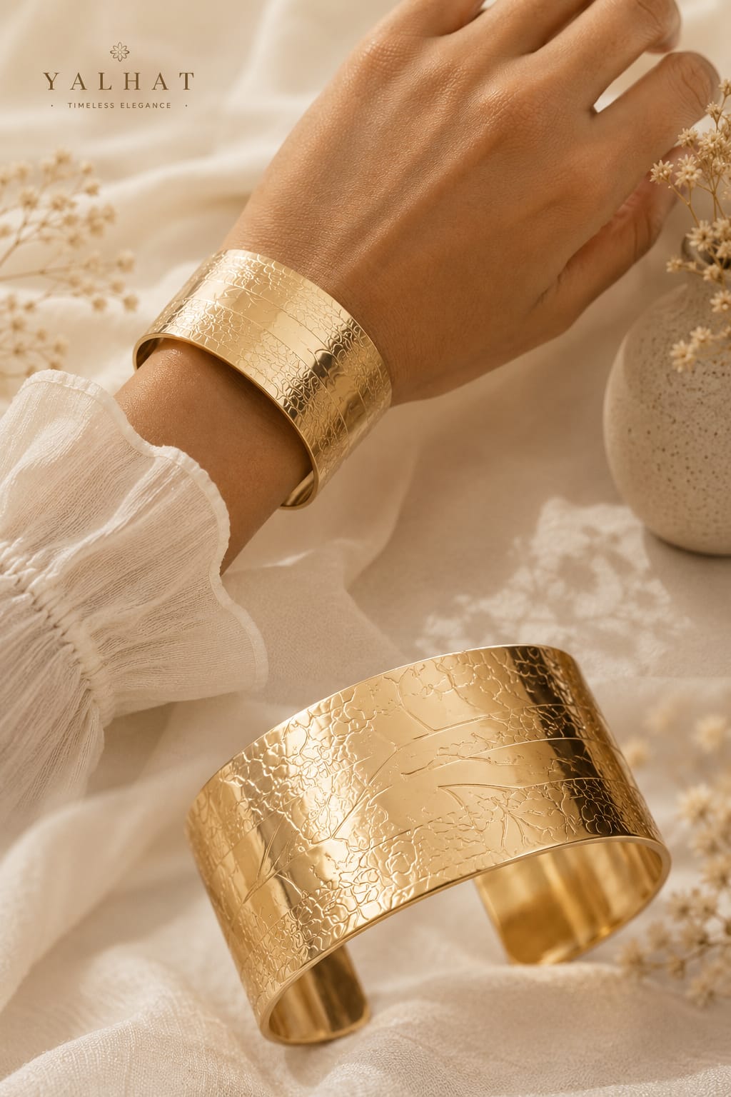 Yalhat Luxe Floral Gold Cuff Bracelet for Women | Adjustable Wide Statement Cuff | Anti-Tarnish Stainless Steel