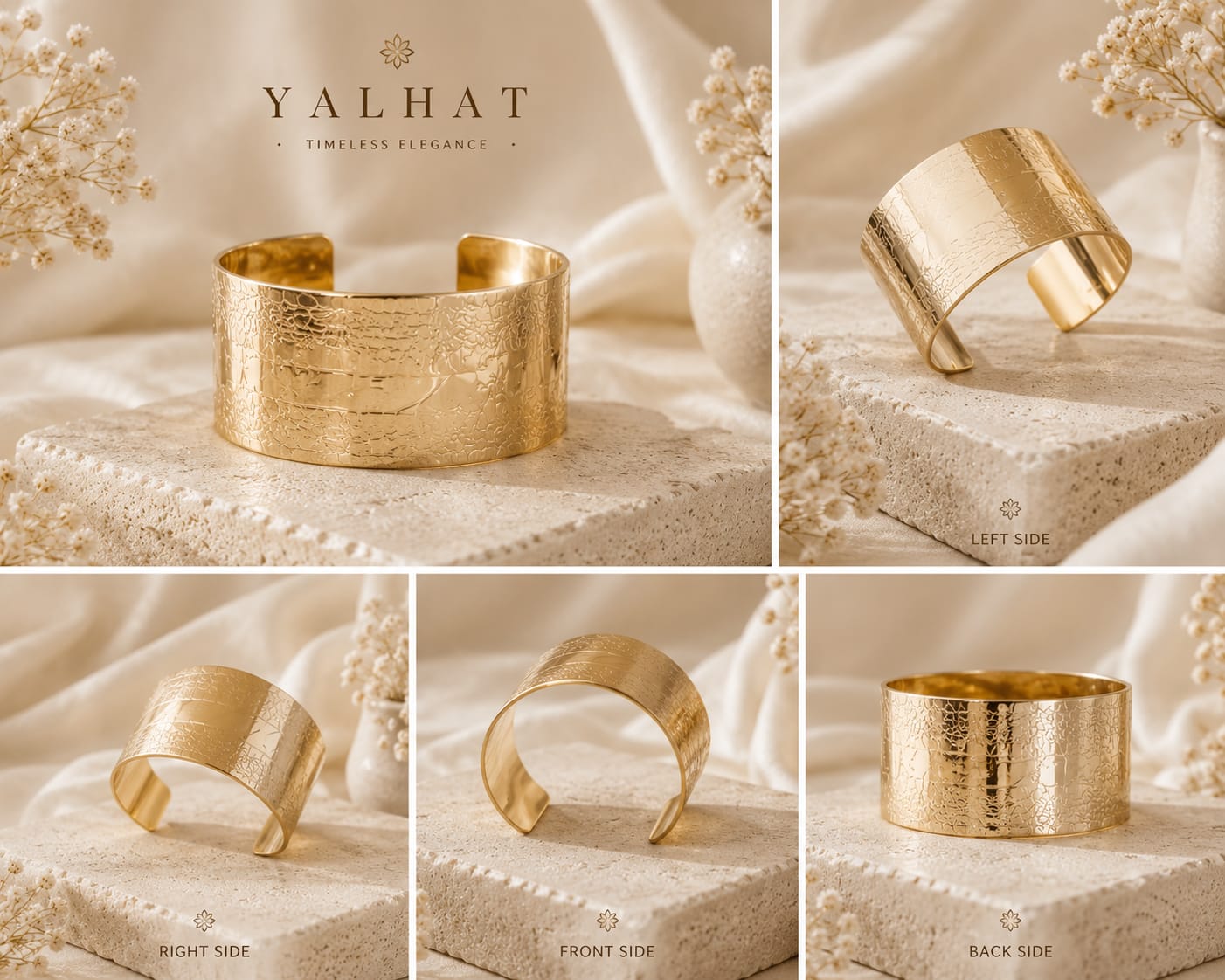 Yalhat Luxe Floral Gold Cuff Bracelet for Women | Adjustable Wide Statement Cuff | Anti-Tarnish Stainless Steel