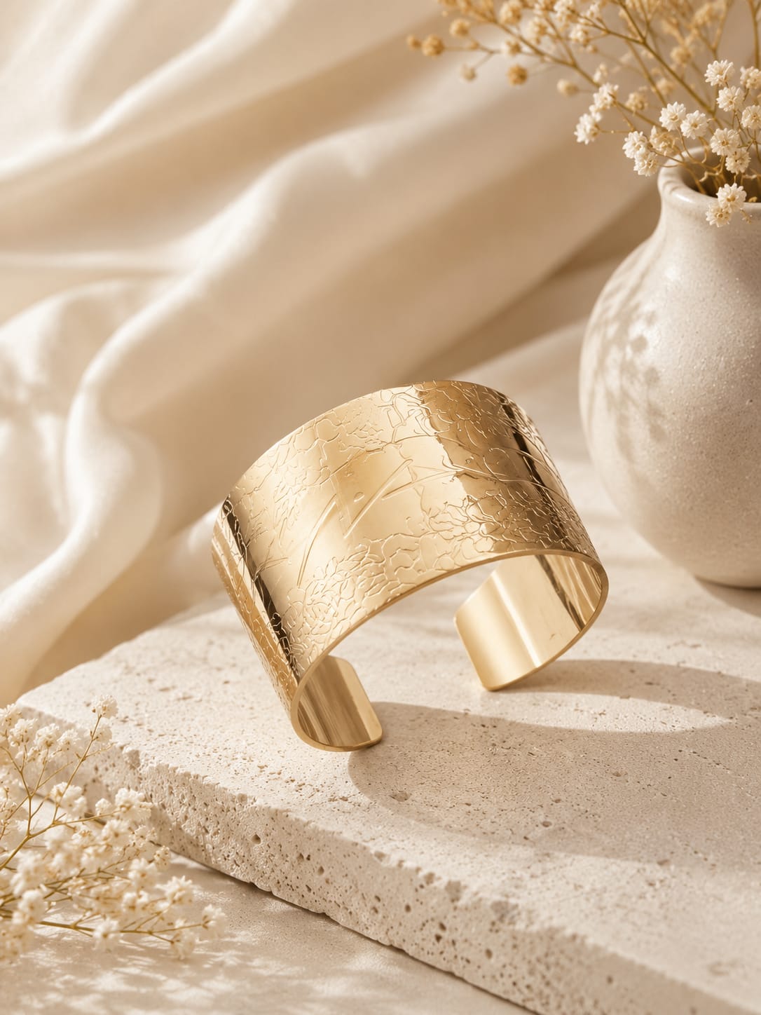 Yalhat Luxe Floral Gold Cuff Bracelet for Women | Adjustable Wide Statement Cuff | Anti-Tarnish Stainless Steel