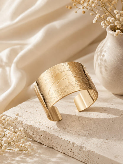 Yalhat Luxe Floral Gold Cuff Bracelet for Women | Adjustable Wide Statement Cuff | Anti-Tarnish Stainless Steel