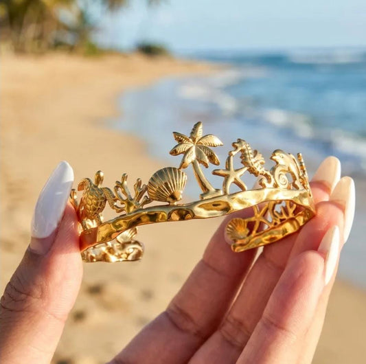 Yalhat Ocean Charm Gold Cuff Bracelet | Beach-Inspired Open Bangle | Premium Anti-Tarnish Statement Bracelet for Women