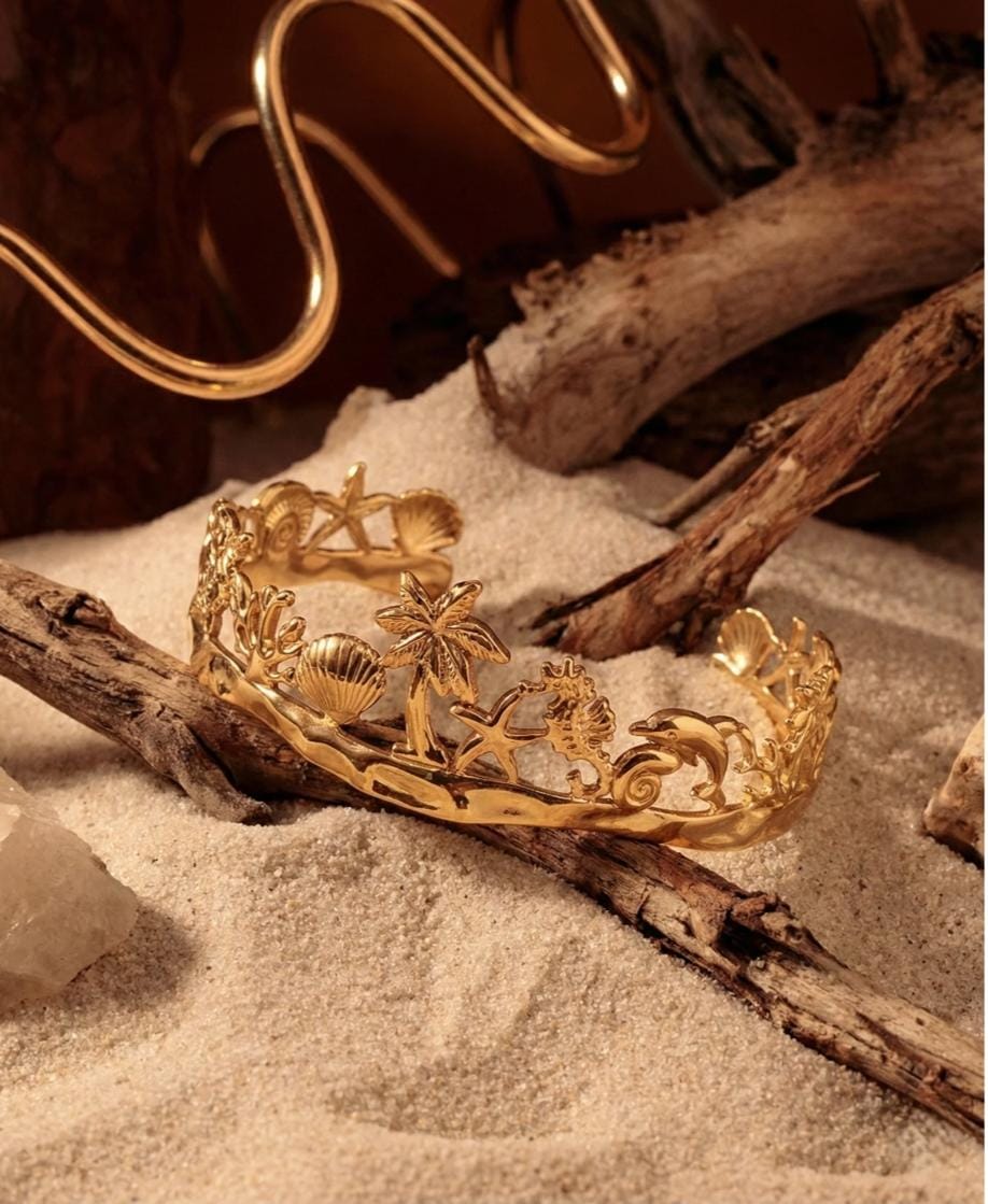 Yalhat Ocean Charm Gold Cuff Bracelet | Beach-Inspired Open Bangle | Premium Anti-Tarnish Statement Bracelet for Women