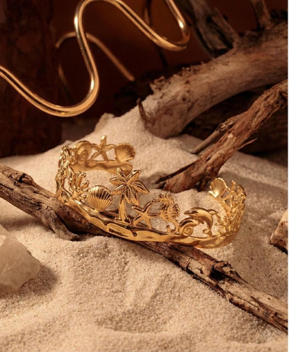 Yalhat Ocean Charm Gold Cuff Bracelet | Beach-Inspired Open Bangle | Premium Anti-Tarnish Statement Bracelet for Women
