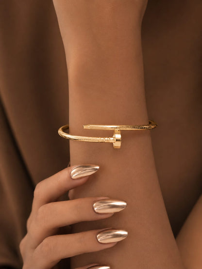 Yalhat Gold Nail Bracelet for Women | Anti-Tarnish 18K Gold Plated Stainless Steel Open Cuff Bangle | Adjustable Waterproof Minimalist Bracelet