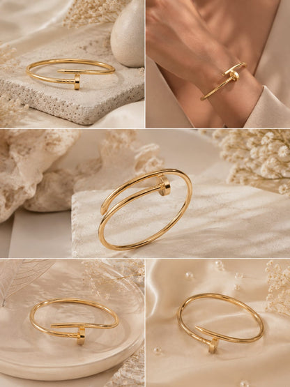 Yalhat Gold Nail Bracelet for Women | Anti-Tarnish 18K Gold Plated Stainless Steel Open Cuff Bangle | Adjustable Waterproof Minimalist Bracelet