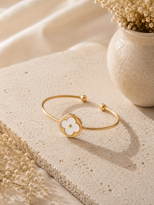 Anti-Tarnish White Clover Gold Cuff Bracelet – Adjustable Open Bangle for Women