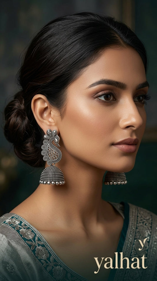 Oxidized Peacock Jhumka Earrings for Women | Traditional Ethenic Silver Look Earrings