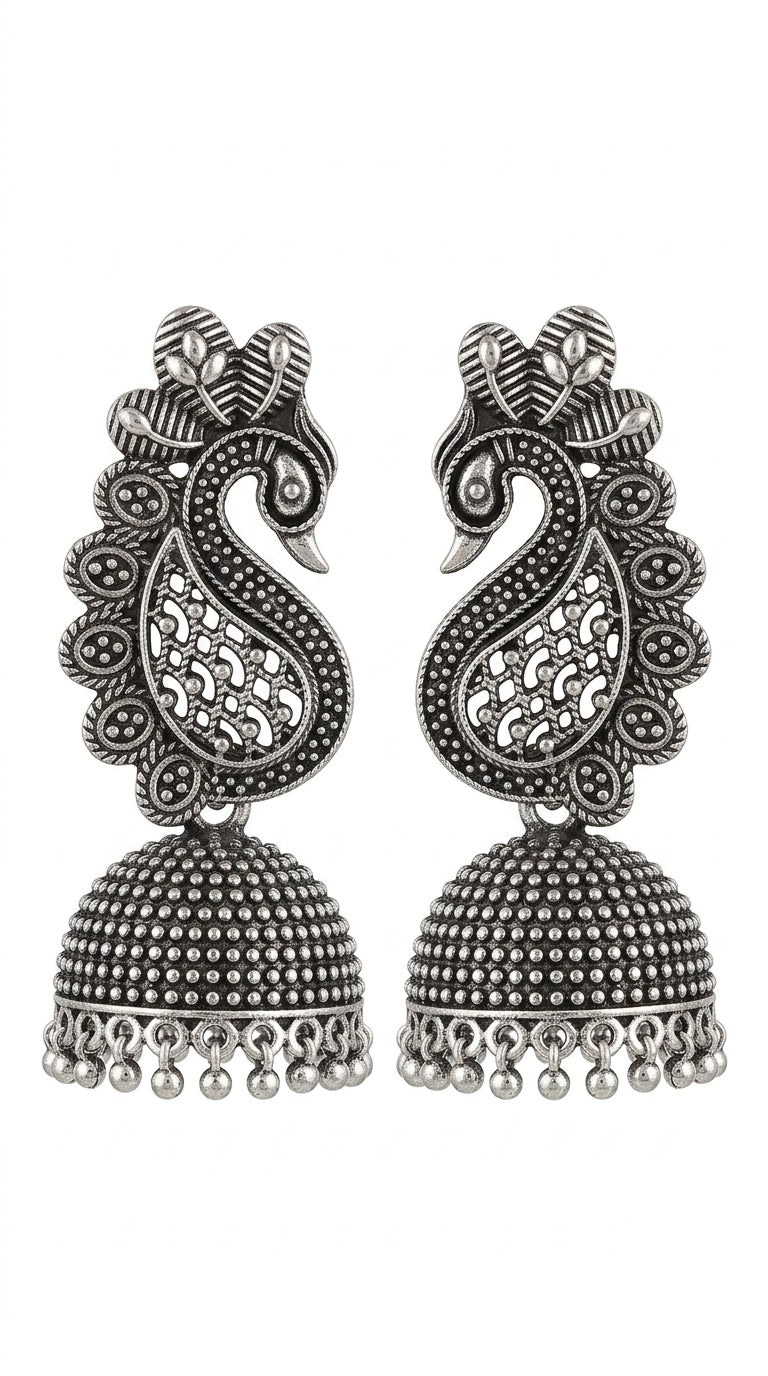 Oxidized Peacock Jhumka Earrings for Women | Traditional Ethenic Silver Look Earrings