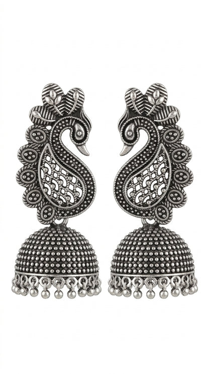 Oxidized Peacock Jhumka Earrings for Women | Traditional Ethenic Silver Look Earrings