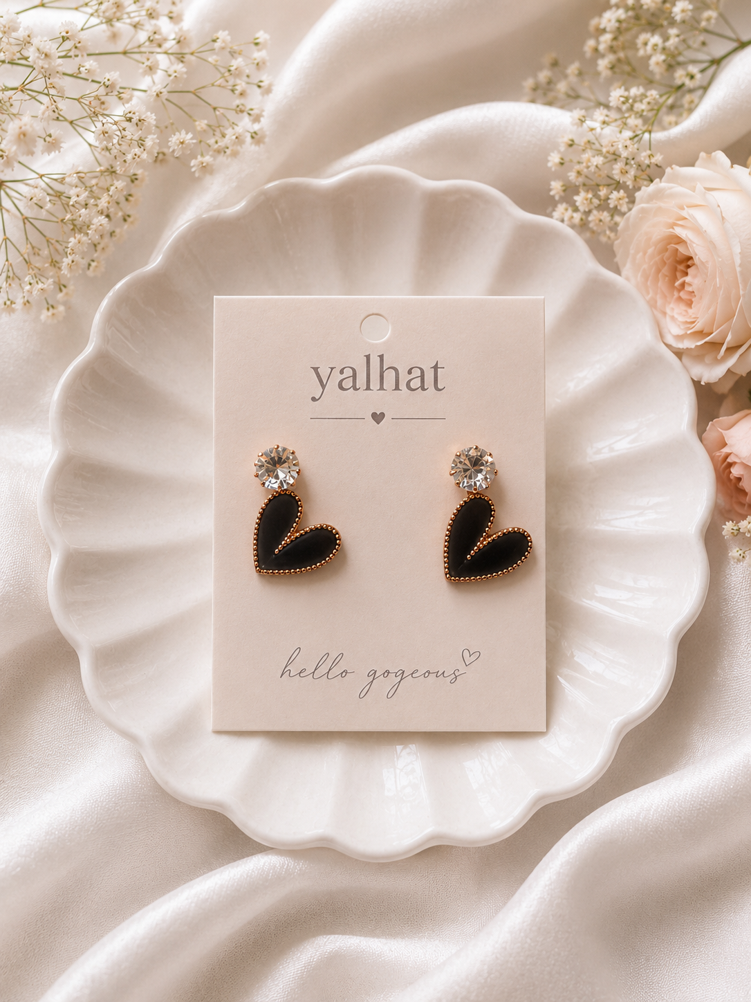 Yalhat 18K Gold Plated Black Heart Crystal Stud Earrings for Women with Anti Tarnish Waterproof Finish