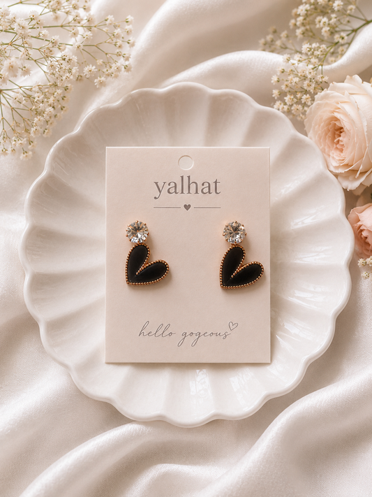 Yalhat 18K Gold Plated Black Heart Crystal Stud Earrings for Women with Anti Tarnish Waterproof Finish