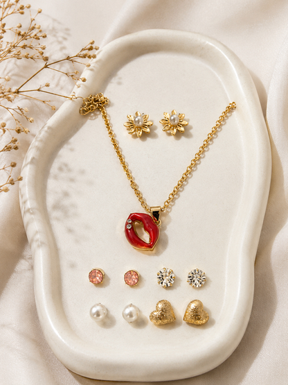 Yalhat Hot Mess Set of 6 - Lip Pendant necklace, Lotus-Pearl-Crystal-Heart-Flower Studds Anti-Tarnish Gold Plated Water Proof Set