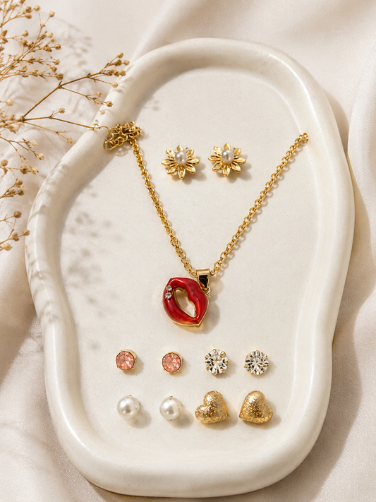 Yalhat Hot Mess Set of 6 - Lip Pendant necklace, Lotus-Pearl-Crystal-Heart-Flower Studds Anti-Tarnish Gold Plated Water Proof Set