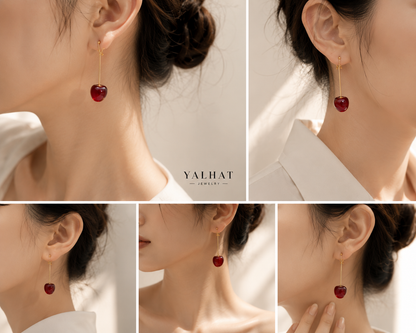 Yalhat Cherry Drop Earrings for Women | Luxury Red Cherry Gold Plated Statement Earrings