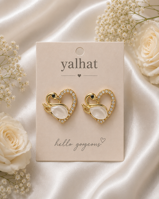 YALHAT Swan Heart Crystal Stud Earrings | Gold Plated Elegant Pearl Earrings for Women & Girls