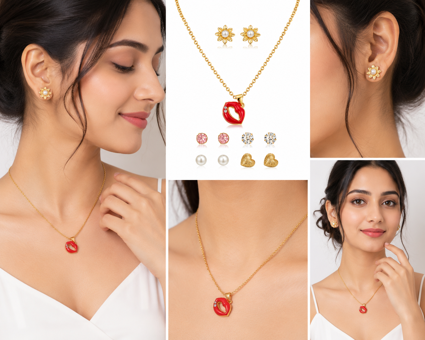Yalhat Hot Mess Set of 6 - Lip Pendant necklace, Lotus-Pearl-Crystal-Heart-Flower Studds Anti-Tarnish Gold Plated Water Proof Set
